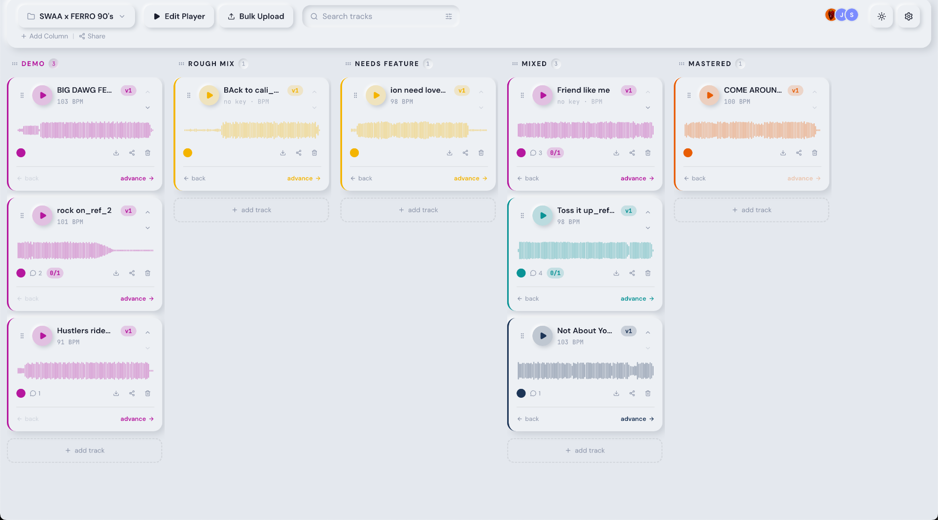LEWPT dashboard — kanban board of tracks across Demo, Rough Mix and Mastered columns